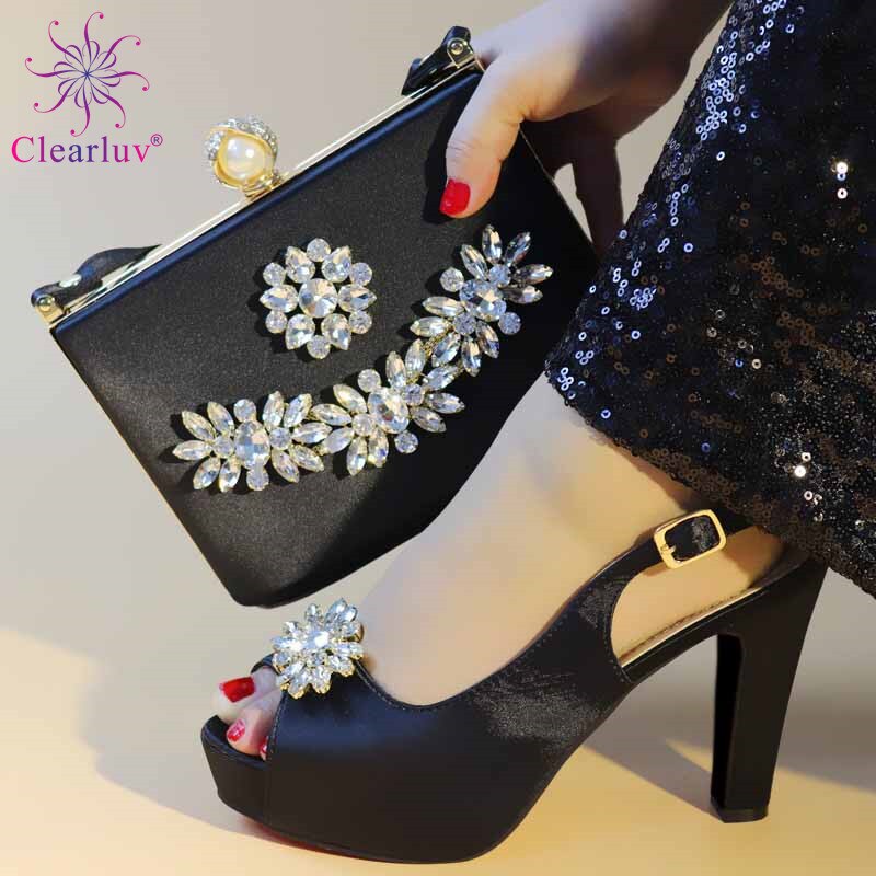Latest Design Women Italian African Party Pumps Shoes and Bag Set Decorated with Rhinestone Women Shoe and Bag for Nigeria Party