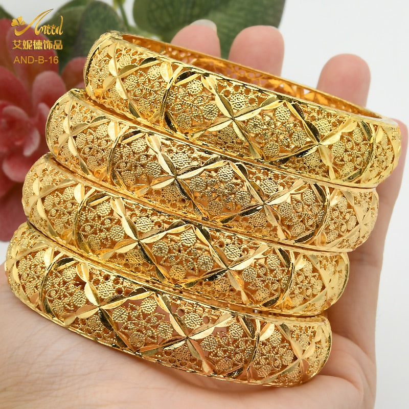 Women Charm Bracelet Bangle 24K Gold Color Jewelry Dubai Flower Bangle Brand African Designer Ethiopian Hawaiian Jewelry