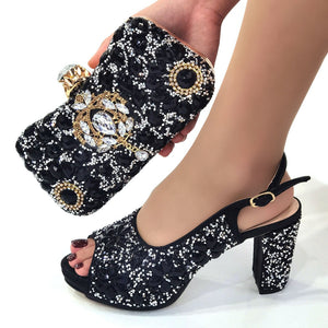 Ladies High Heel Slippers and Bags Set with Rhinestones for Wedding