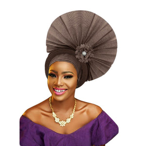 African Aso Oke Headtie Fan Shape Gele Headwrap Nigerian Traditional Wedding Women Cap Rich Designs