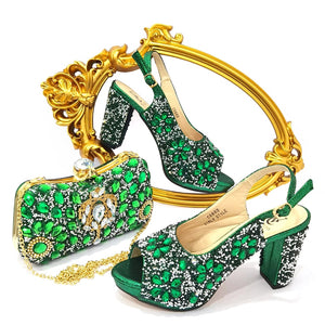 Venus Chan 2022 Nigerian Summer Hot Sale Luxury Fashion Ladies High Heel Slippers and Bags Set with Rhinestones for Wedding