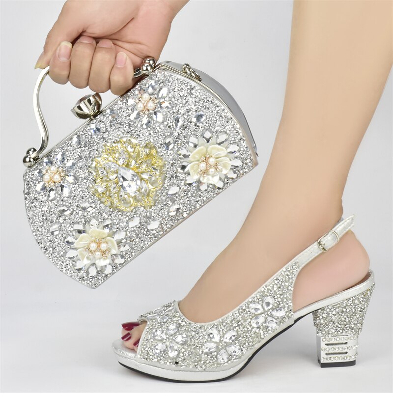 New Arrival Nigerian Party Shoes with Bag Set Decorated with Rhinestone Italian Shoes and Bags Matching Set Wedding Shoes Bride