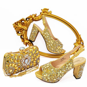 Ladies High Heel Slippers and Bags Set with Rhinestones for Wedding