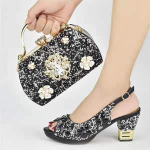Nigerian Party Shoes with Bag Set Decorated with Rhinestone Italian Shoes and Bags Matching Set Wedding Shoes Bride