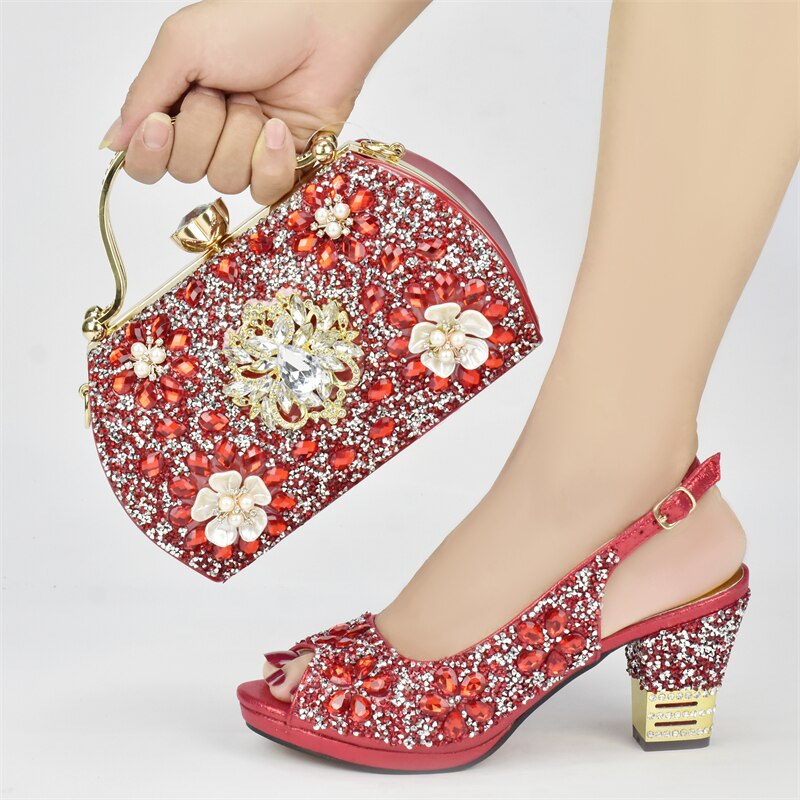 New Arrival Nigerian Party Shoes with Bag Set Decorated with Rhinestone Italian Shoes and Bags Matching Set Wedding Shoes Bride