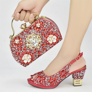 Nigerian Party Shoes with Bag Set Decorated with Rhinestone Italian Shoes and Bags Matching Set Wedding Shoes Bride