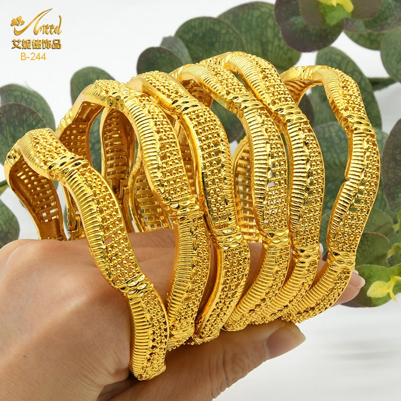 Women Charm Bracelet Bangle 24K Gold Color Jewelry Dubai Flower Bangle Brand African Designer Ethiopian Hawaiian Jewelry