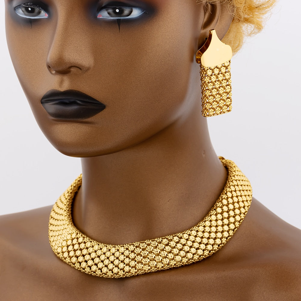 Women Chunky Necklace Earrings Dubai Gold Plated Bracelet African Fashion 3Pcs Jewelry for Punk Party Wedding