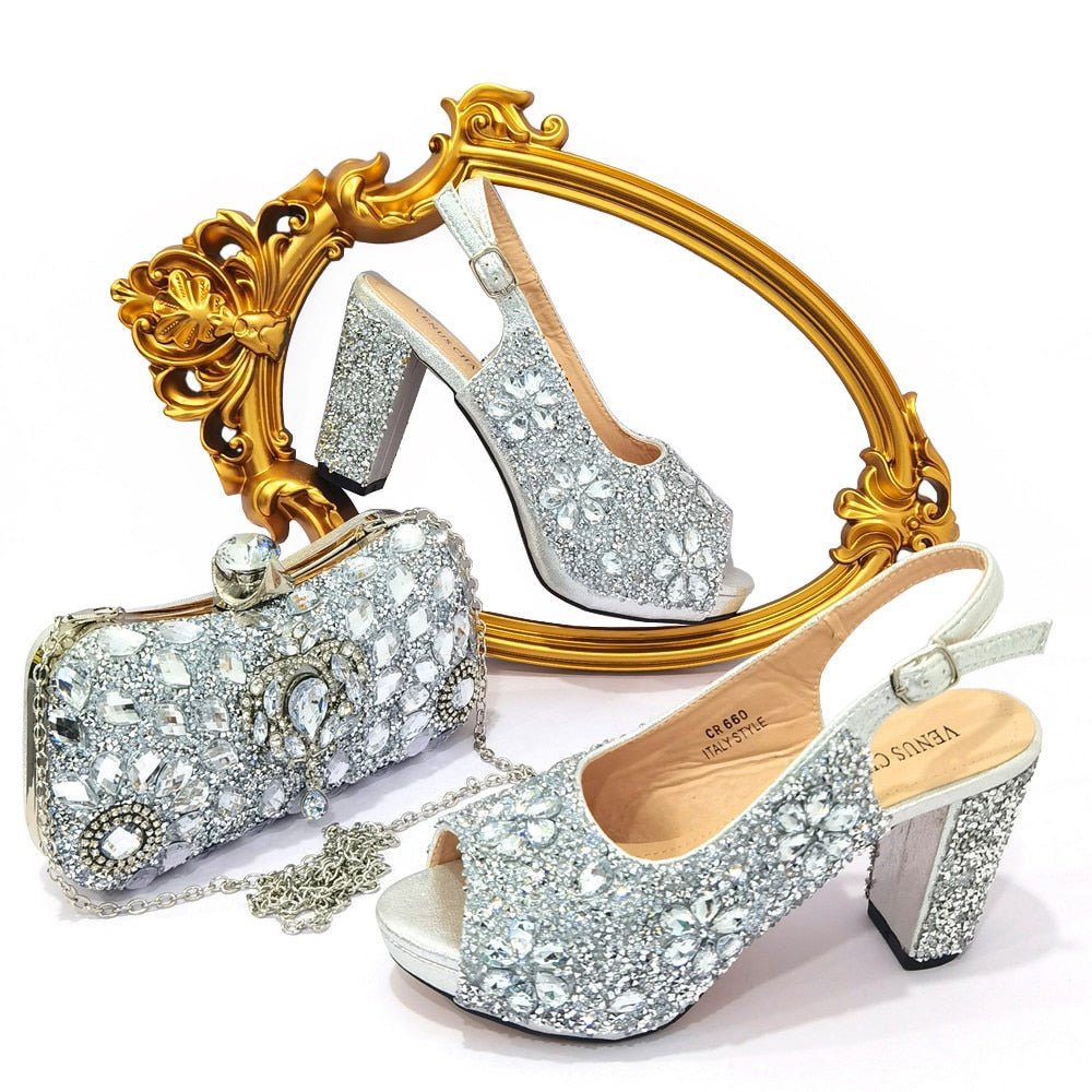 Venus Chan 2022 Nigerian Summer Hot Sale Luxury Fashion Ladies High Heel Slippers and Bags Set with Rhinestones for Wedding