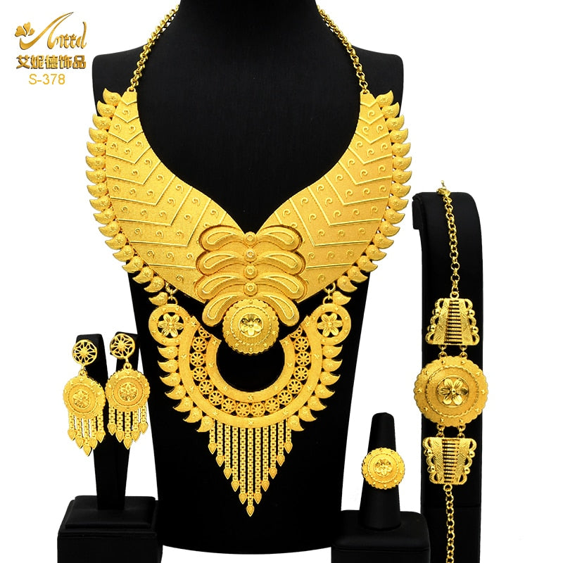 Indian Big Plated Gold Jewelry Women Necklace Sets Dubai African Party Bridal Wedding Gifts Arabic Necklace Jewelry Sets