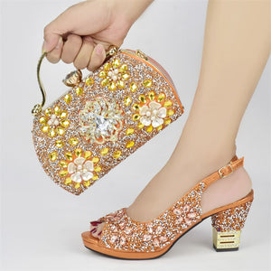 New Arrival Nigerian Party Shoes with Bag Set Decorated with Rhinestone Italian Shoes and Bags Matching Set Wedding Shoes Bride