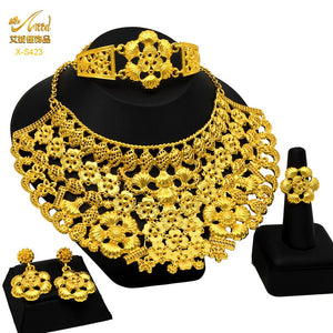 Indian Big Plated Gold Jewelry Women Necklace Sets Dubai African Party Bridal Wedding Gifts Arabic Necklace Jewelry Sets
