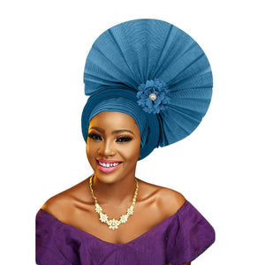 African Aso Oke Headtie Fan Shape Gele Headwrap Nigerian Traditional Wedding Women Cap Rich Designs