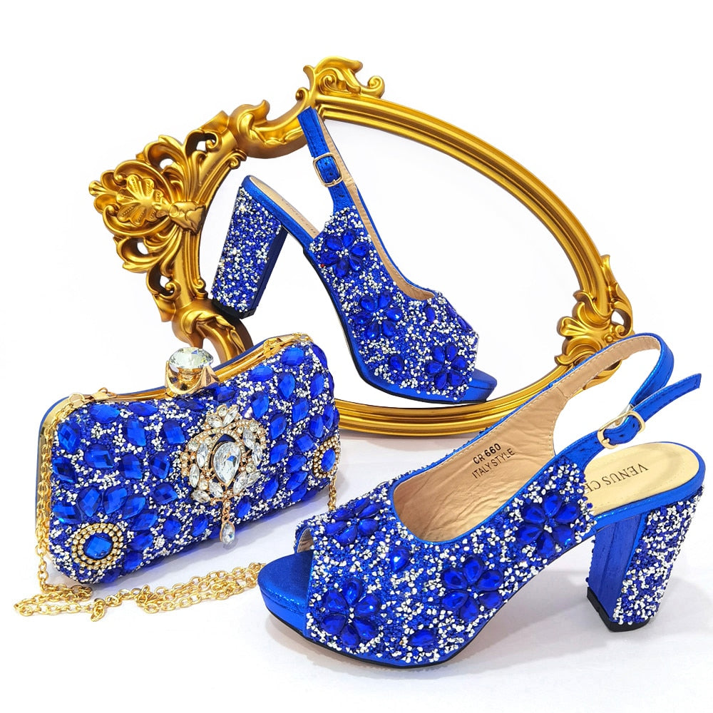 Ladies High Heel Slippers and Bags Set with Rhinestones for Wedding