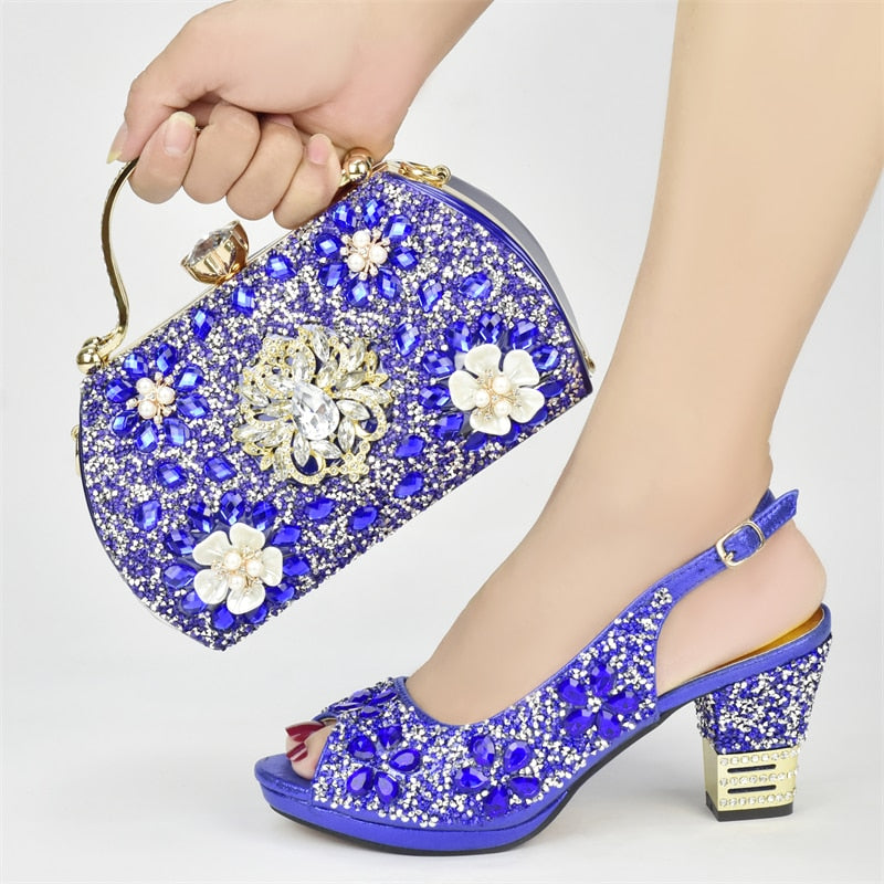 Nigerian Party Shoes with Bag Set Decorated with Rhinestone Italian Shoes and Bags Matching Set Wedding Shoes Bride