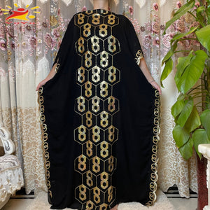 African Embroidery Flower Dresse With Scarf Big Size Women Muslim Sequin Embroidery Long Black Lady Clothes