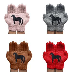 Womens Winter Thicken Warm Knitted Full Fingered Gloves Funny Black Horse Irregular Patchwork Palm Elastic Outdoor Ski Mittens