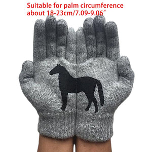 Womens Winter Thicken Warm Knitted Full Fingered Gloves Funny Black Horse Irregular Patchwork Palm Elastic Outdoor Ski Mittens