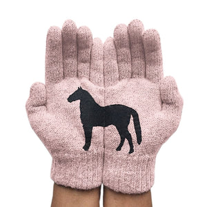 Womens Winter Thicken Warm Knitted Full Fingered Gloves Funny Black Horse Irregular Patchwork Palm Elastic Outdoor Ski Mittens
