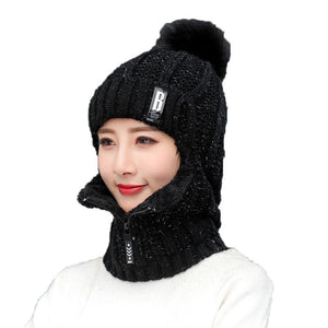 Women Wool Knitted Hat Ski Hat Sets Windproof Winter Outdoor Knit Thick Siamese Scarf Collar Warm Keep Face Warmer Beanies Hat