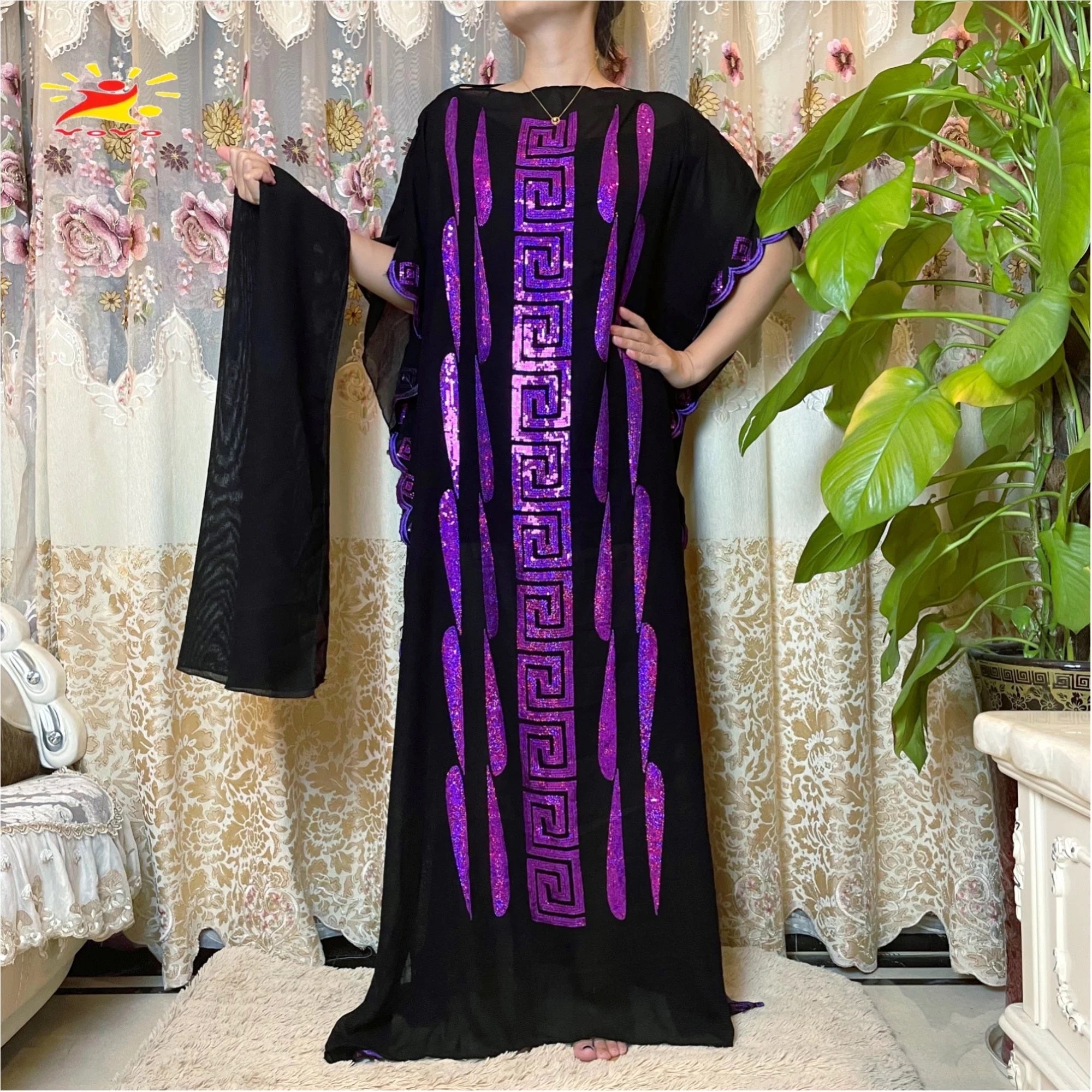 African Embroidery Flower Dresse With Scarf Big Size Women Muslim Sequin Embroidery Long Black Lady Clothes