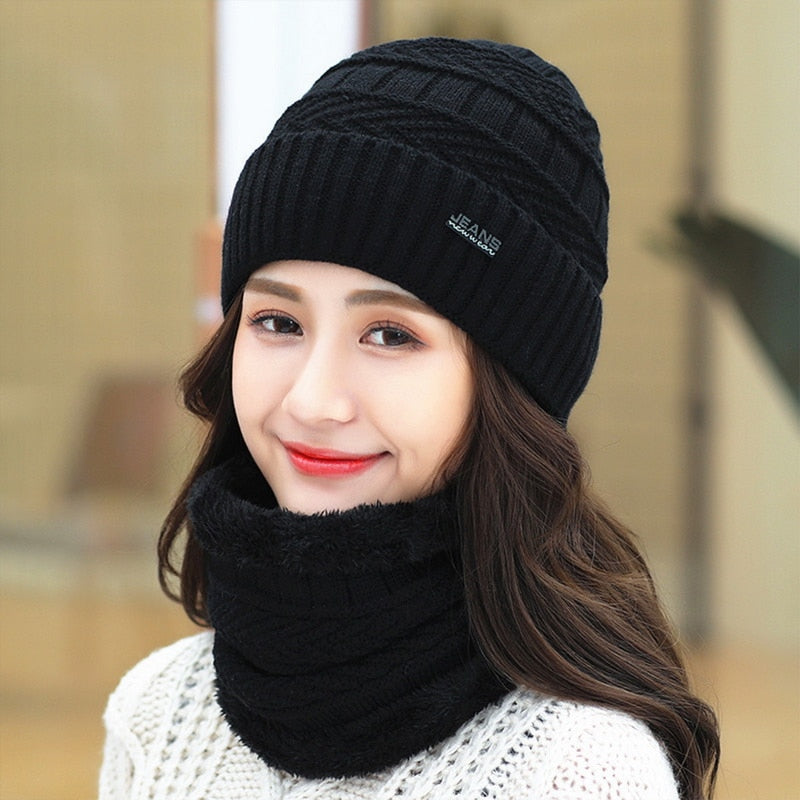 Women Wool Knitted Hat Ski Hat Sets Windproof Winter Outdoor Knit Thick Siamese Scarf Collar Warm Keep Face Warmer Beanies Hat