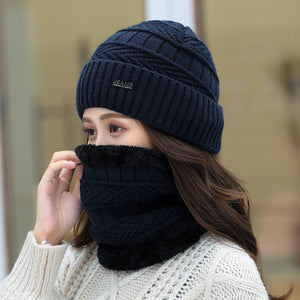 Women Wool Knitted Hat Ski Hat Sets Windproof Winter Outdoor Knit Thick Siamese Scarf Collar Warm Keep Face Warmer Beanies Hat