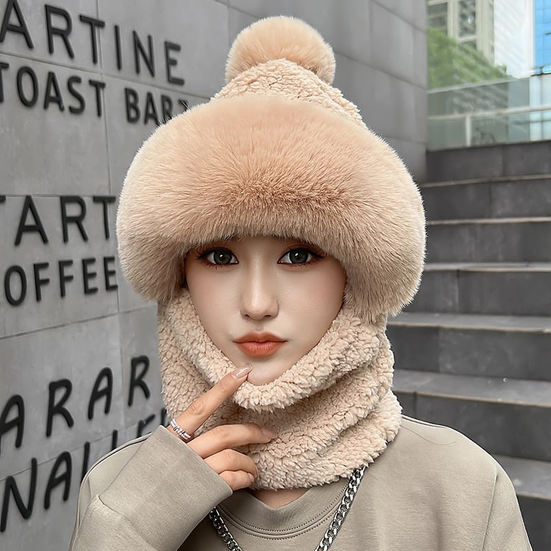 Women Wool Knitted Hat Ski Hat Sets Windproof Winter Outdoor Knit Thick Siamese Scarf Collar Warm Keep Face Warmer Beanies Hat