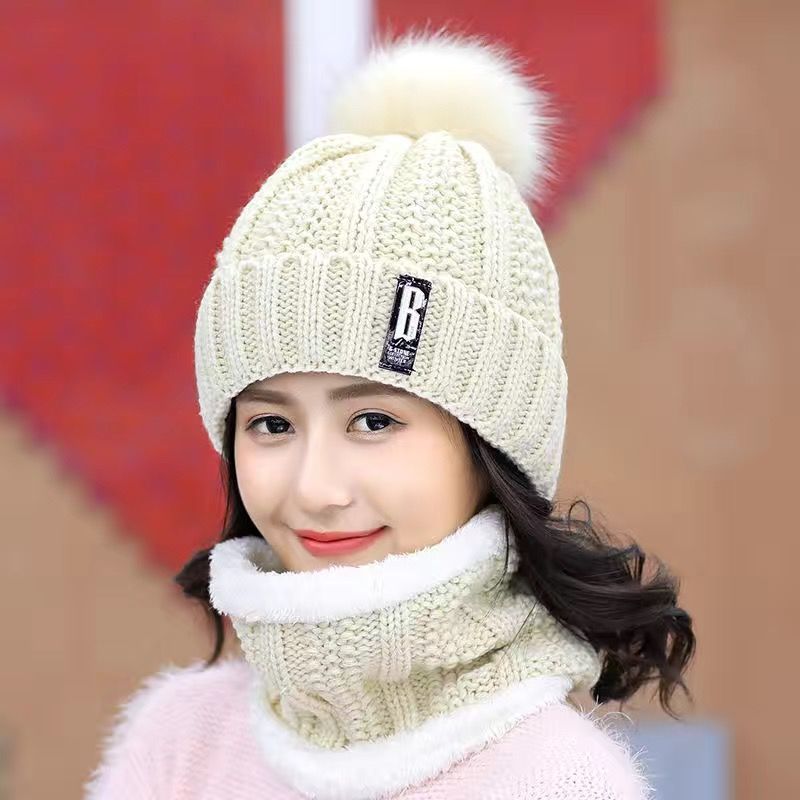 Women Wool Knitted Hat Ski Hat Sets Windproof Winter Outdoor Knit Thick Siamese Scarf Collar Warm Keep Face Warmer Beanies Hat