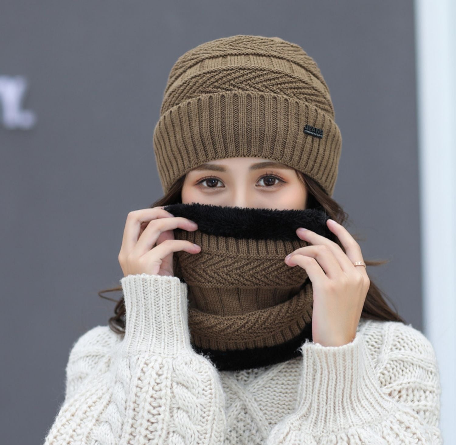 Women Wool Knitted Hat Ski Hat Sets Windproof Winter Outdoor Knit Thick Siamese Scarf Collar Warm Keep Face Warmer Beanies Hat