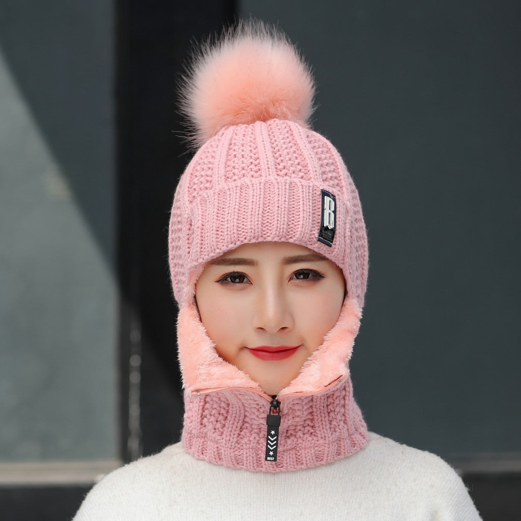 Women Wool Knitted Hat Ski Hat Sets Windproof Winter Outdoor Knit Thick Siamese Scarf Collar Warm Keep Face Warmer Beanies Hat