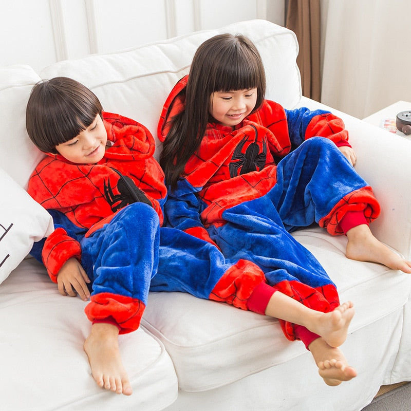 Boy Girl Children Spider Red Pajamas Set Flannel Kids Animal Cartoon Cosplay Hooded Pijama infantil Kigurumi Sleepwear