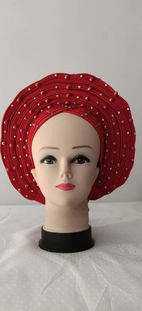 Women head wrap african headtie nigerian gele headties with beads and stones sewing fabric for party 1set
