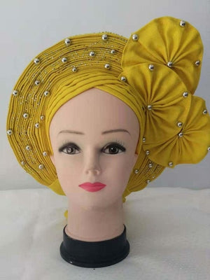 Women head wrap african headtie nigerian gele headties with beads and stones sewing fabric for party 1set