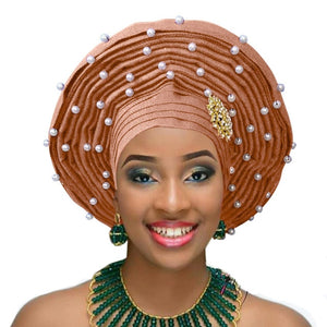 African Gele Already Made Heatie Aso Oke Headtie With Beads For Women Free Shipping
