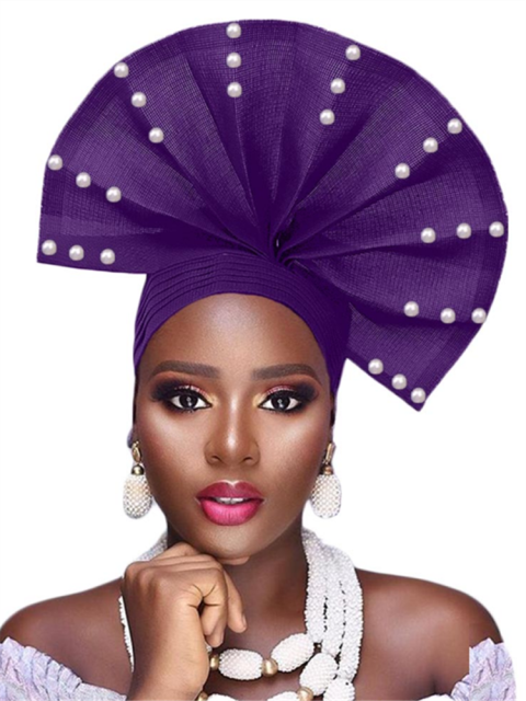 African Ready To Wear Fan Heatie Aso Oke Headtie With Beads For Women Free Shipping