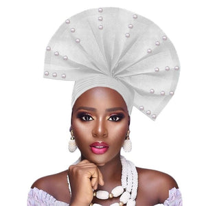 African Ready To Wear Fan Heatie Aso Oke Headtie With Beads For Women Free Shipping