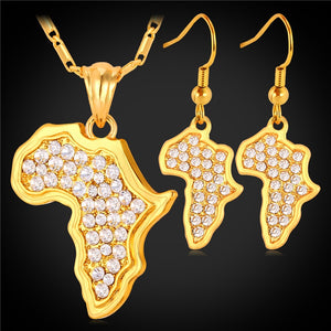 Africa Map Pendant Necklace Earrings Set For Women Charms Austrian Rhinestone Gold Color African Jewelry Sets .
