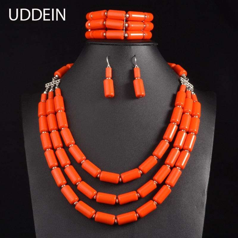 Nigerian Wedding Indian Jewelry Sets Beads Necklace Earring Bracelet Sets Statement Collar African Beads Jewelry Set.