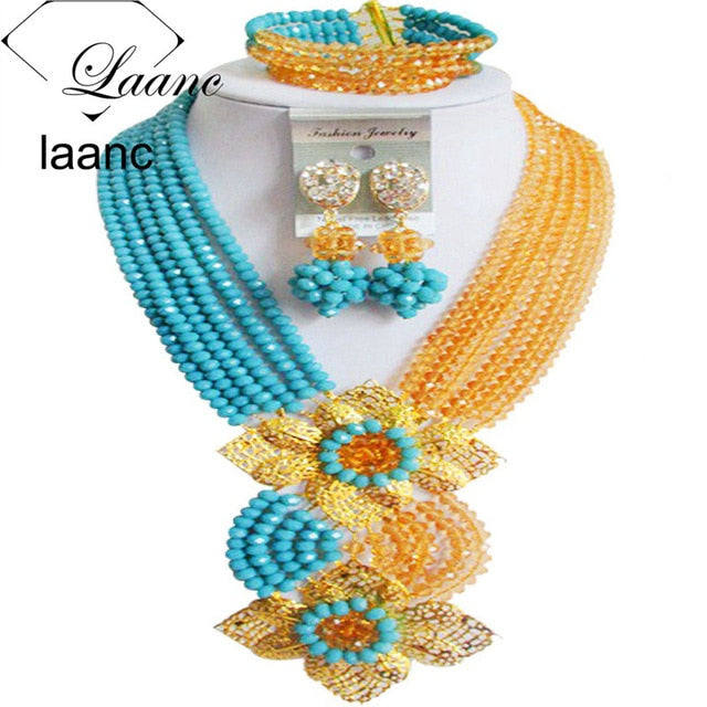 Royal Blue Champange Gold Nigerian Wedding African Beads Jewelry Set Crystal.