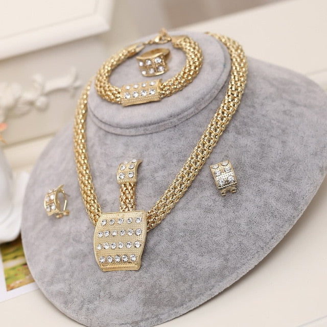 Dubai Gold Jewelry Sets Nigerian Wedding African Beads Crystal Bridal Jewellery Set Rhinestone Ethiopian Jewelry parure