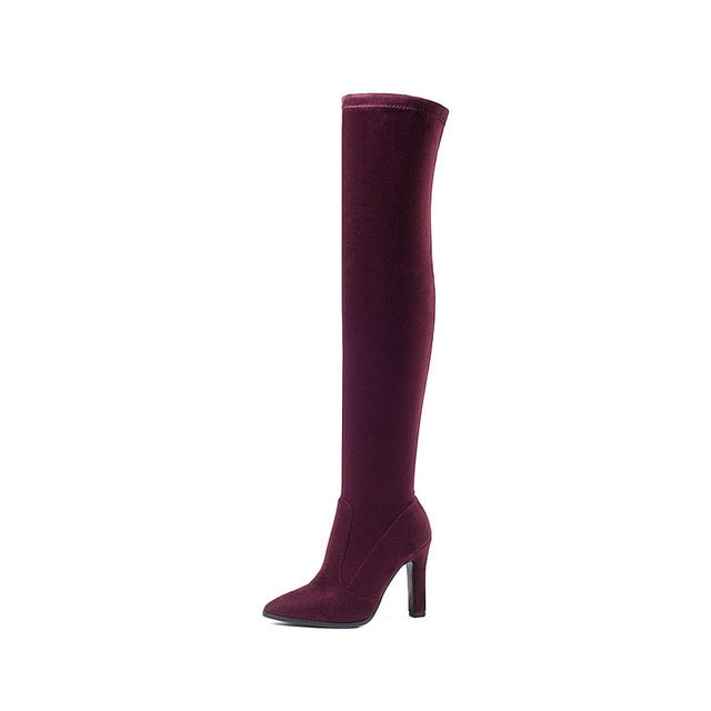 Women Over The Knee High Boots Slip on Winter Shoes Thin High Heel Pointed Toe All Match Women Boots Size 34-43.