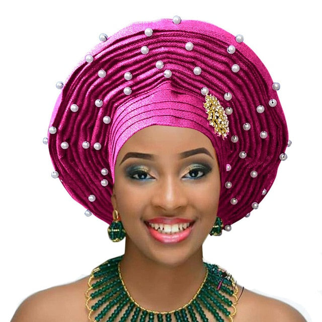 African gele already heatie Aso oke headtie with beads african headwear for women