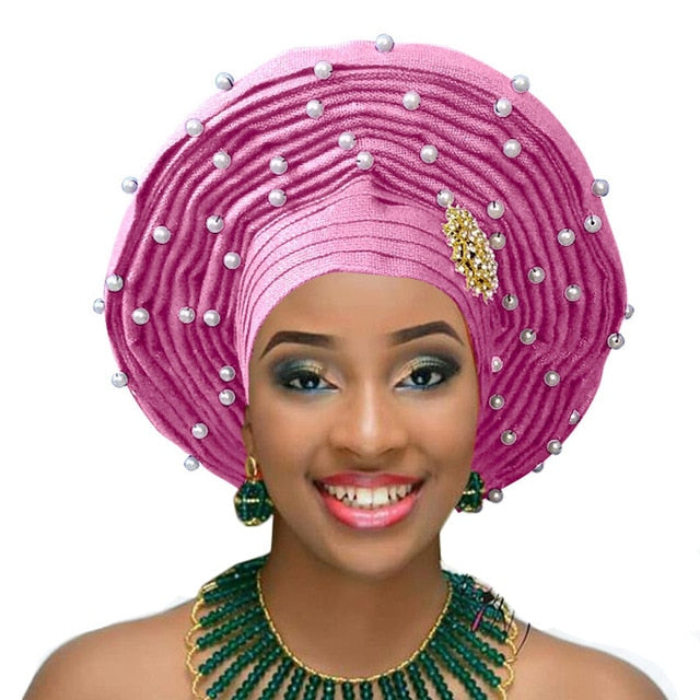 African gele already heatie Aso oke headtie with beads african headwear for women