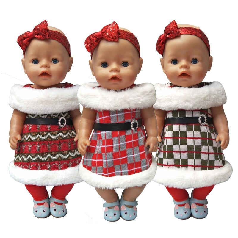 For 43cm  bebe born doll winter warm dress with headband for 18 inch American girl doll Christmas dress baby girl gifts