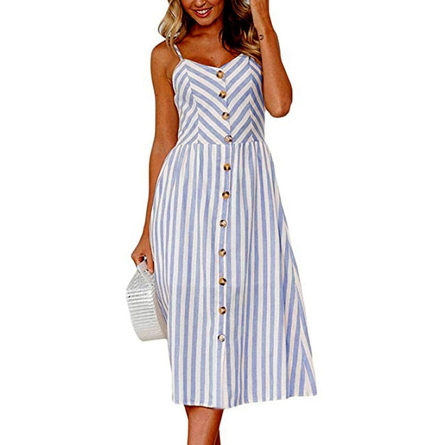 Women Dress For SummerBoho Sexy Dress Midi Button Backless Polka Dot Striped Floral Beach Dress Female