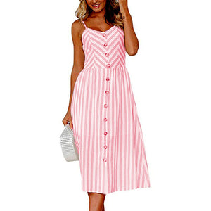 Women Dress For SummerBoho Sexy Dress Midi Button Backless Polka Dot Striped Floral Beach Dress Female
