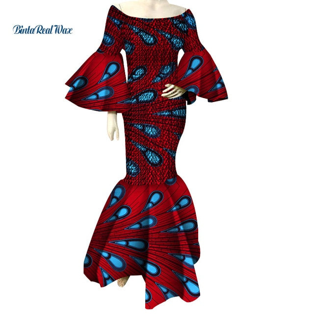 African Dresses for Women Print Ruffles Sleeve Long Dresses Vestidos Bazin Riche African Ankara Dresses Clothing