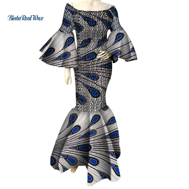 African Dresses for Women Print Ruffles Sleeve Long Dresses Vestidos Bazin Riche African Ankara Dresses Clothing